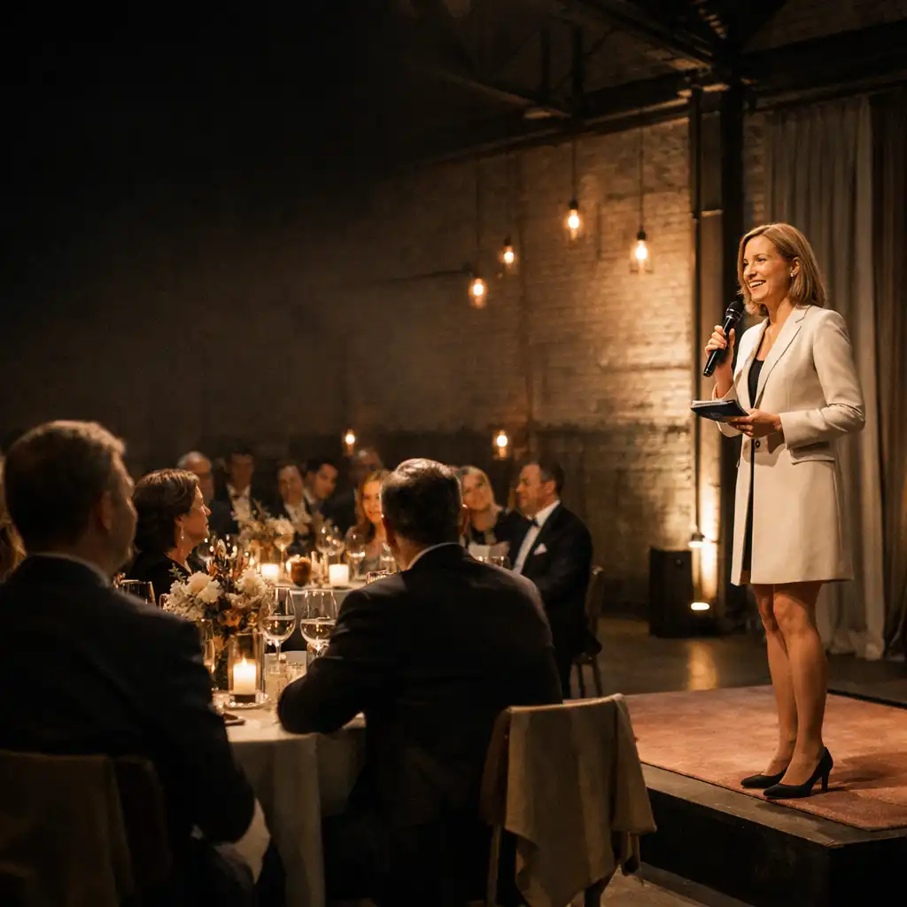 Moderator bei einem Business Event vor elegant gedeckten Tischen
