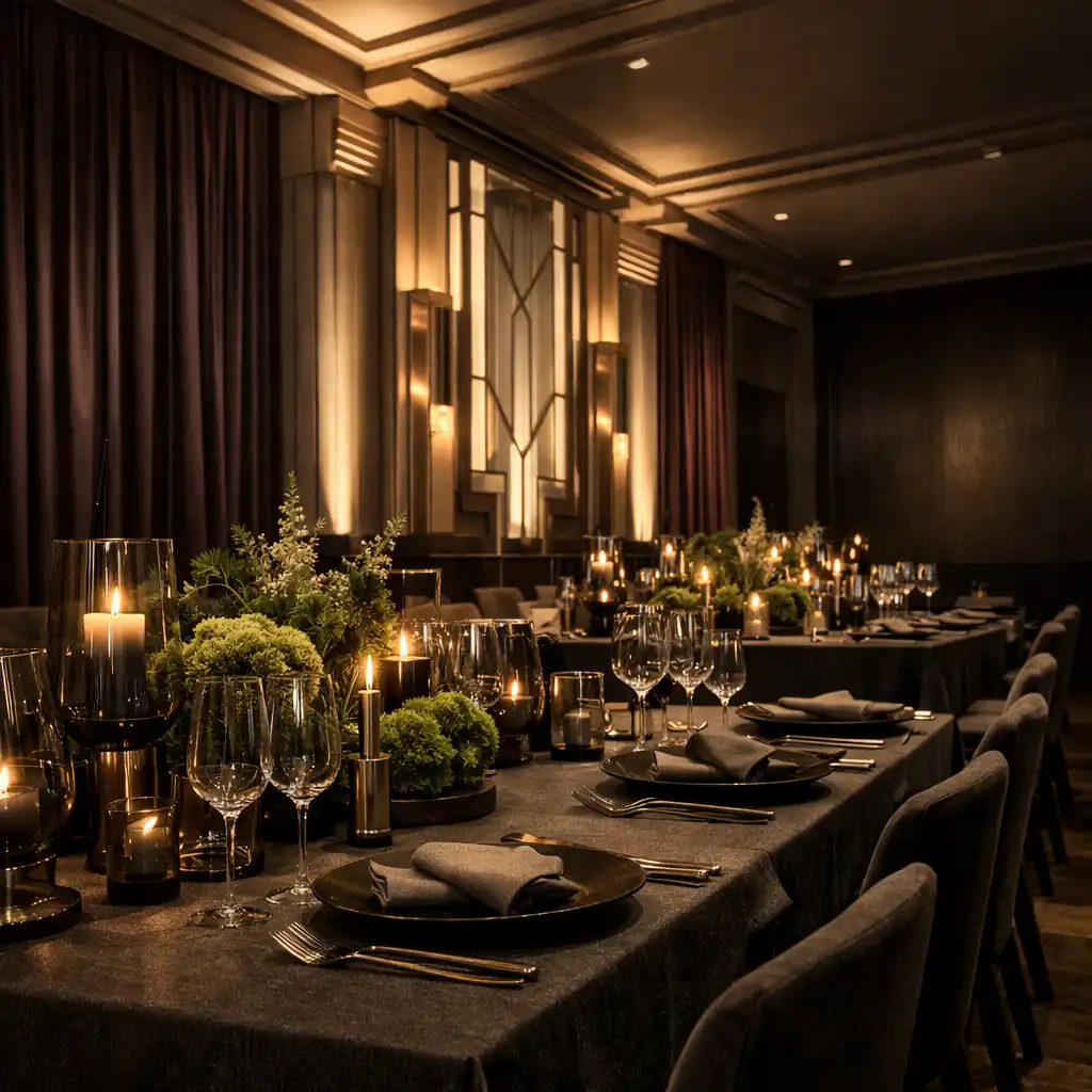 Stilvoll gestaltete Eventlocation mit gedeckter Tafel, warmem Licht und dunklen Stoffen