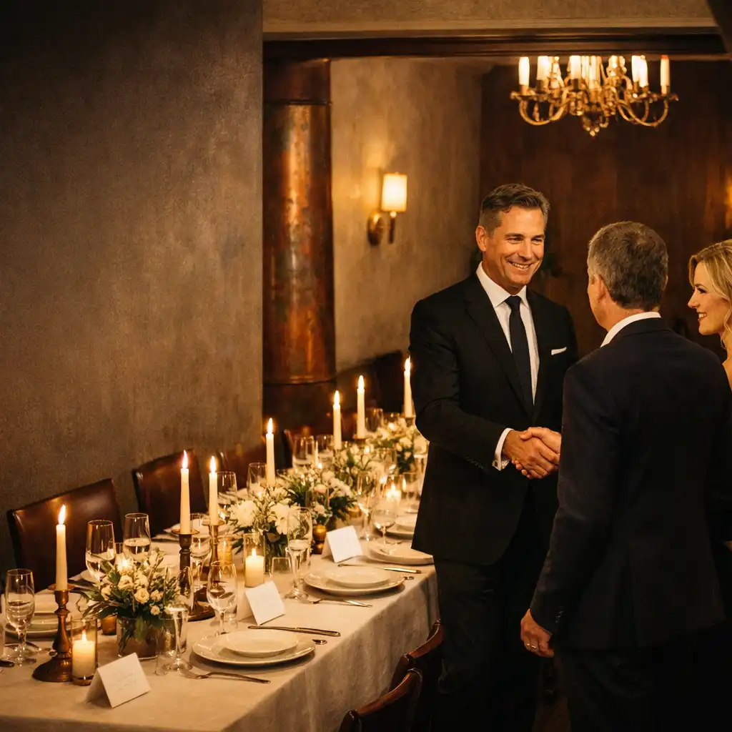 Gastgeberin begrüßt Gäste an einem elegant gedeckten Tisch in einem privaten Restaurantsalon