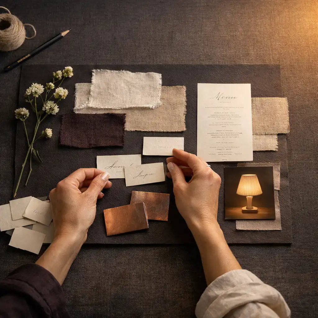 Hände stellen ein Materialkonzept mit Stoffmustern, Papier und floralen Details zusammen
