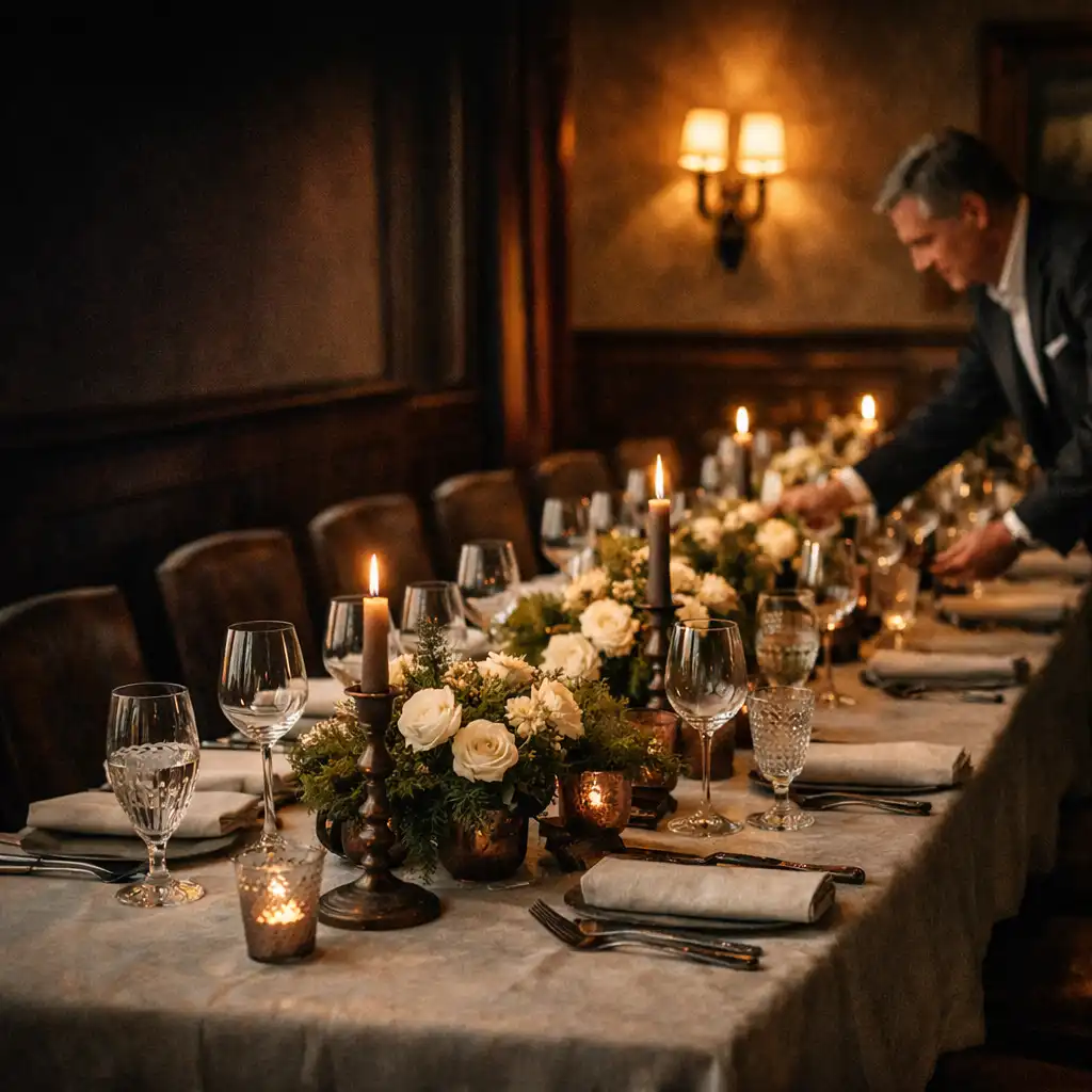 Vorbereiteter Tisch für ein privates Dinner in einem elegant beleuchteten Restaurant-Salon