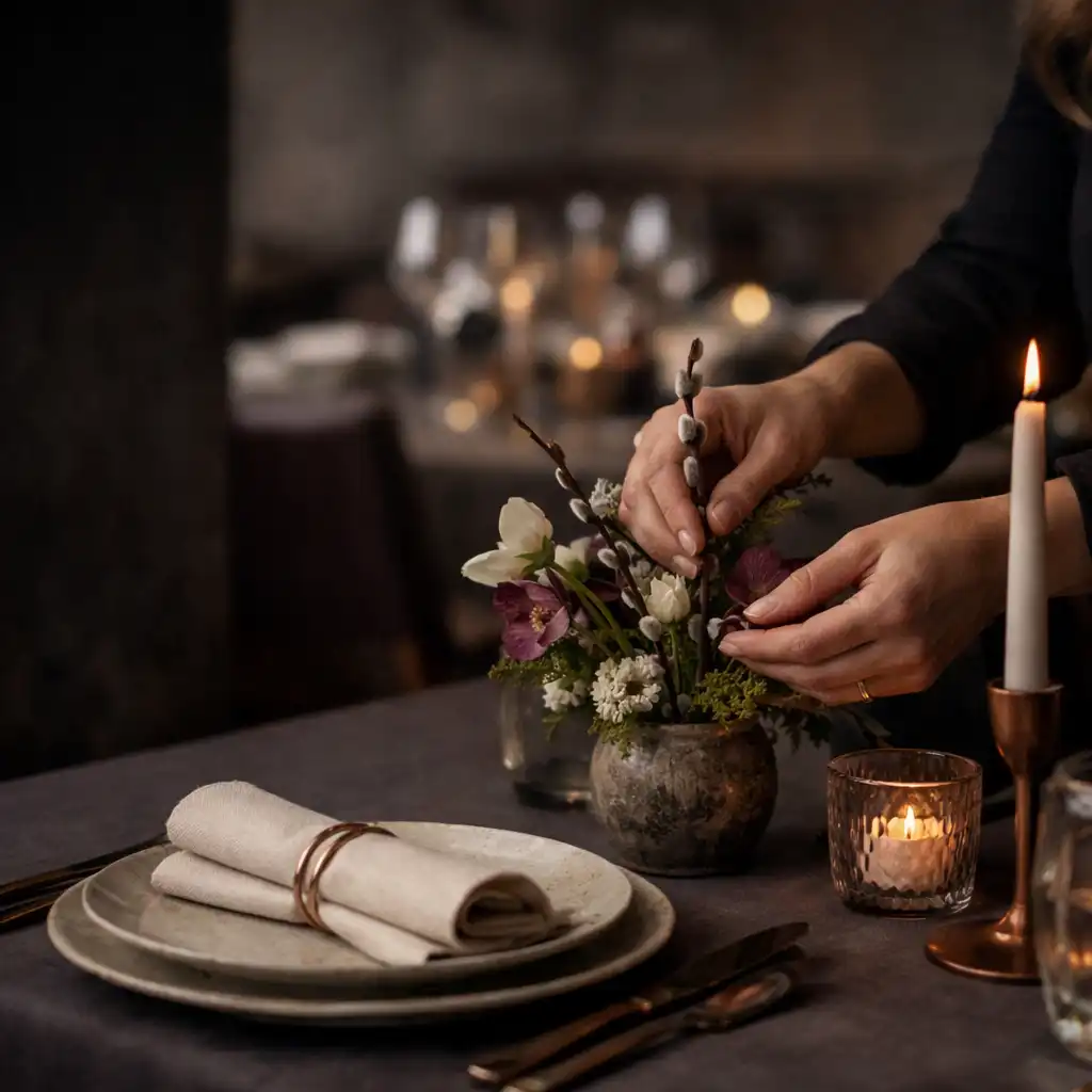 Hände arrangieren Blumen an einer gedeckten Tafel in einem Restaurant