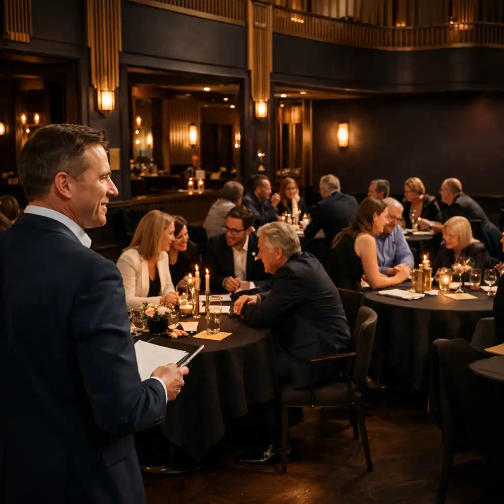 Professioneller Host begleitet ein Teamformat in einer eleganten Eventlocation