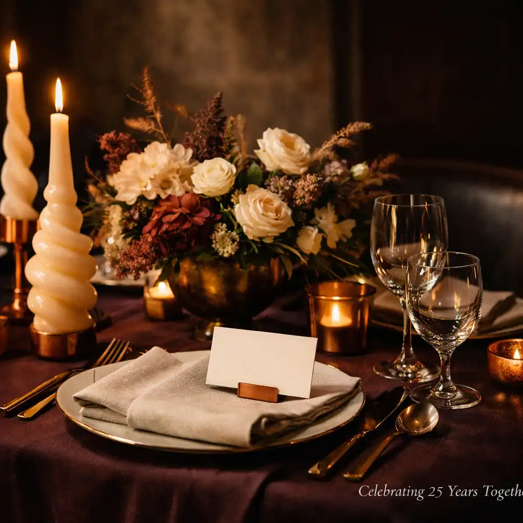 Jubiläums-Tisch mit Leinen, Kerzen und floralen Details