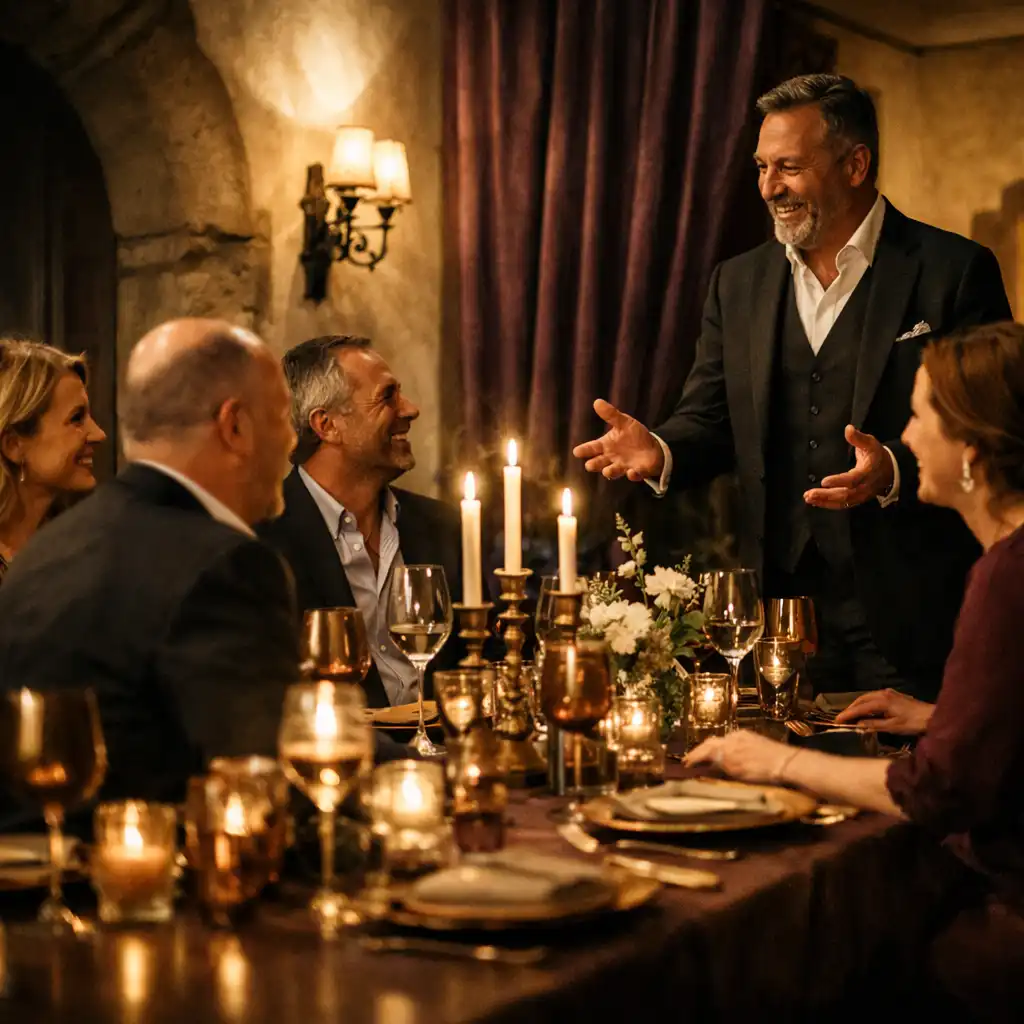 Gastgeber begrüßt erwachsene Gäste an einem festlich gedeckten privaten Dinner-Tisch