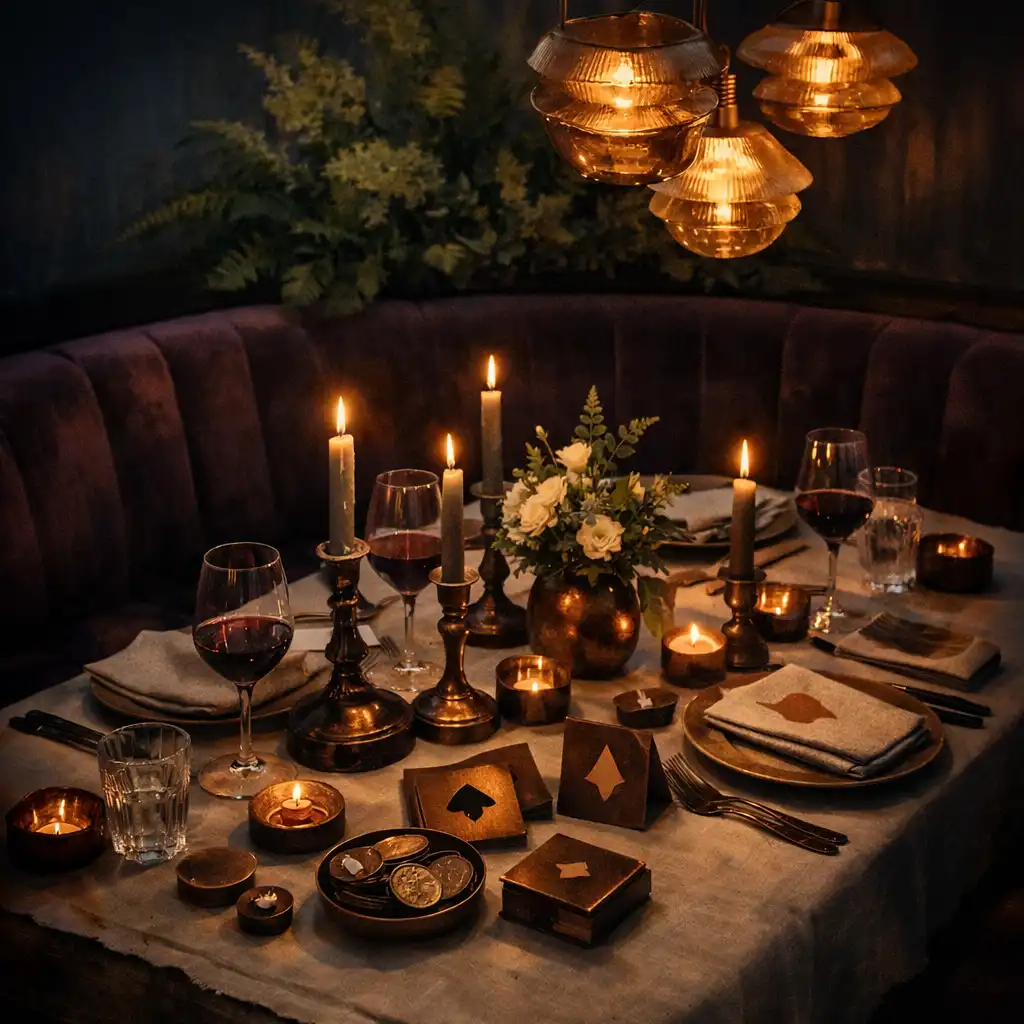Elegant gedeckter privater Restaurant-Salon mit plumfarbener Sitzbank und Kupferdetails