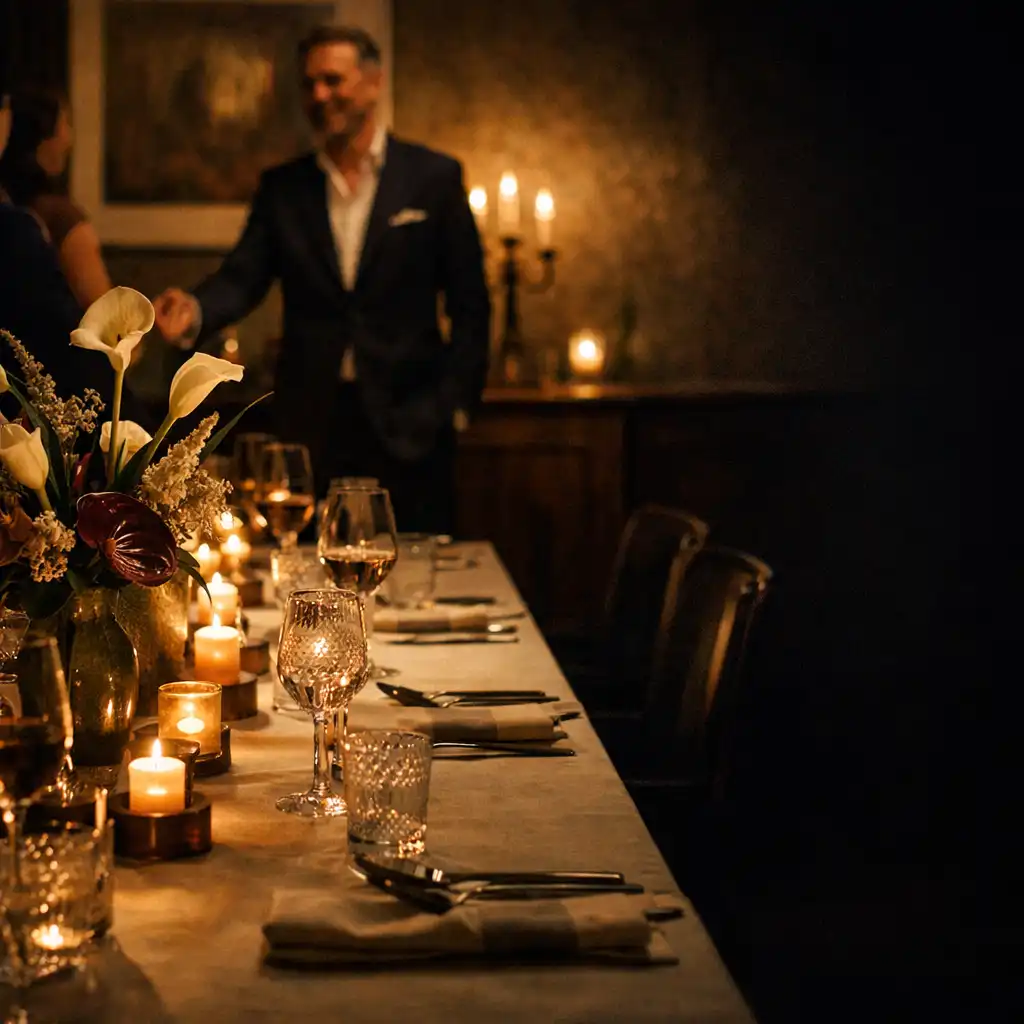 Lange, kerzenbeleuchtete Tafel in einem privaten Restaurant-Salon