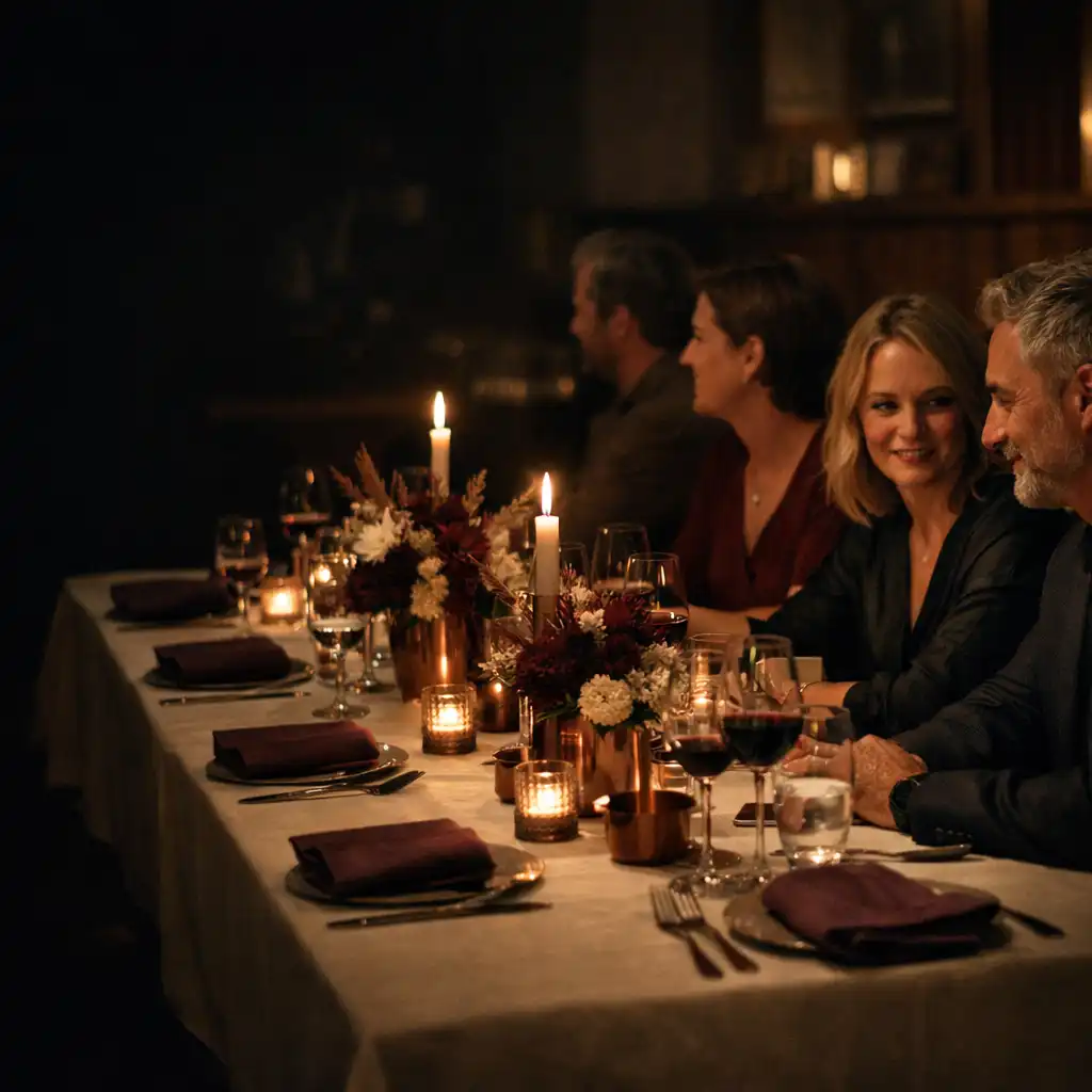 Intimes privates Dinner an einem elegant gedeckten Tisch mit Gästen