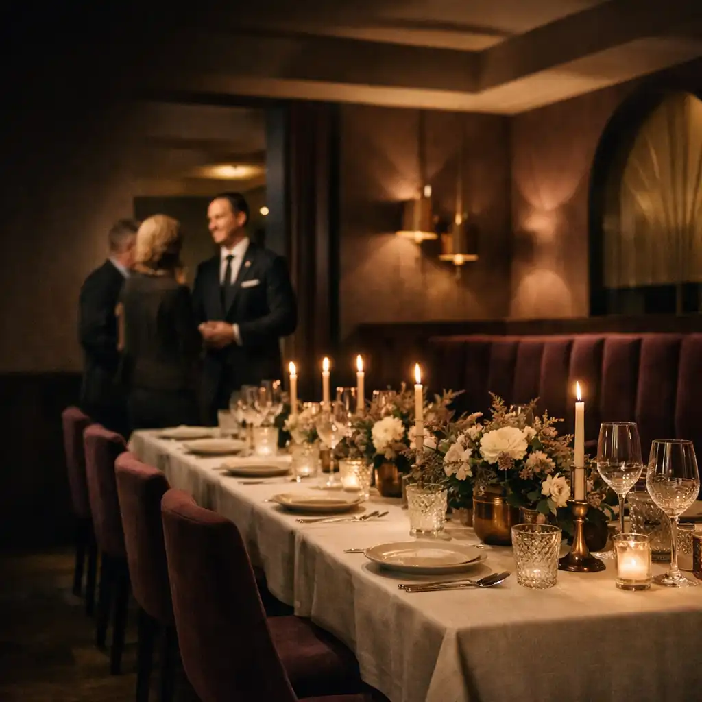 Eleganter privater Restaurant-Salon mit gedeckter langer Tafel, Kerzenlicht und Gastgeber im Hintergrund