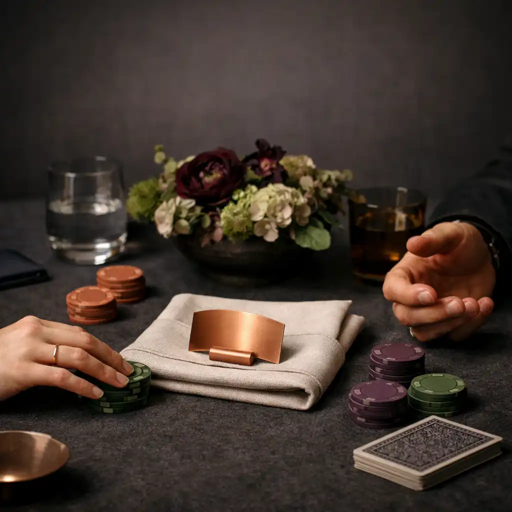 Symbolische Chips, Kartenrücken und Kupferdetails auf einem hochwertig gestalteten Tisch