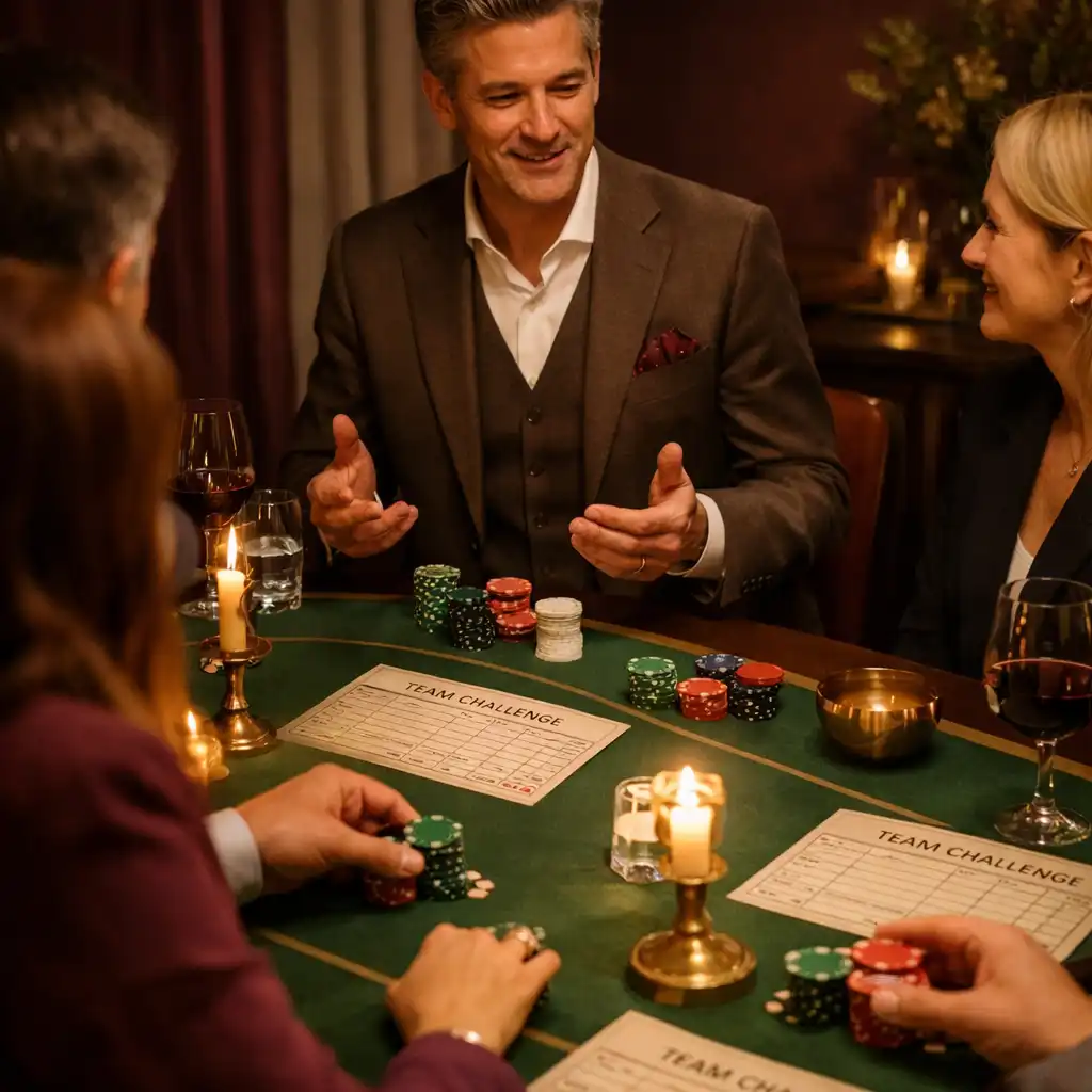 Gäste und Host an einem stilvollen Tisch mit symbolischen Chips