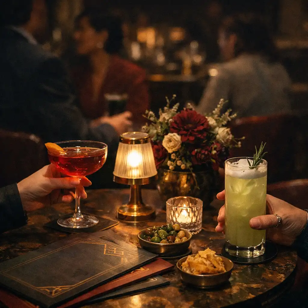 Aperitif und gestalterische Tischdetails bei einem Themenabend